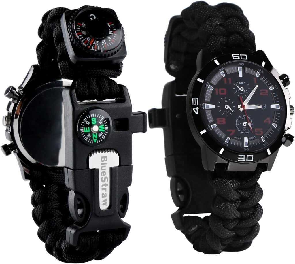 6 in 1 Survival Bracelet Watch - Multifunctional Emergency Survival Watch with Paracord Whistle Fire Starter Compass and Thermometer Gear