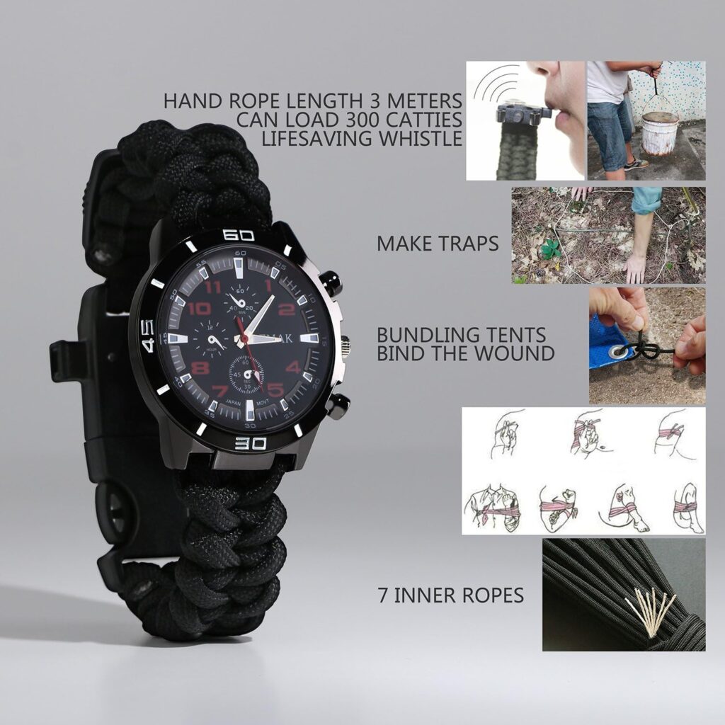 6 in 1 Survival Bracelet Watch - Multifunctional Emergency Survival Watch with Paracord Whistle Fire Starter Compass and Thermometer Gear