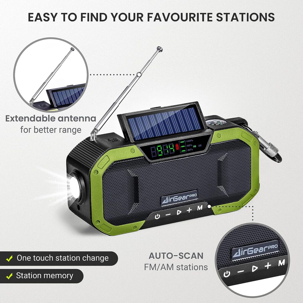 AirGearPro Wind up Radio | Portable Crank Radio with Hand Crank Charger, Solar Panel, Emergency Light with FM/AM Radio - 5000 mAh External Battery with USB Charger, IPX5 Waterproof
