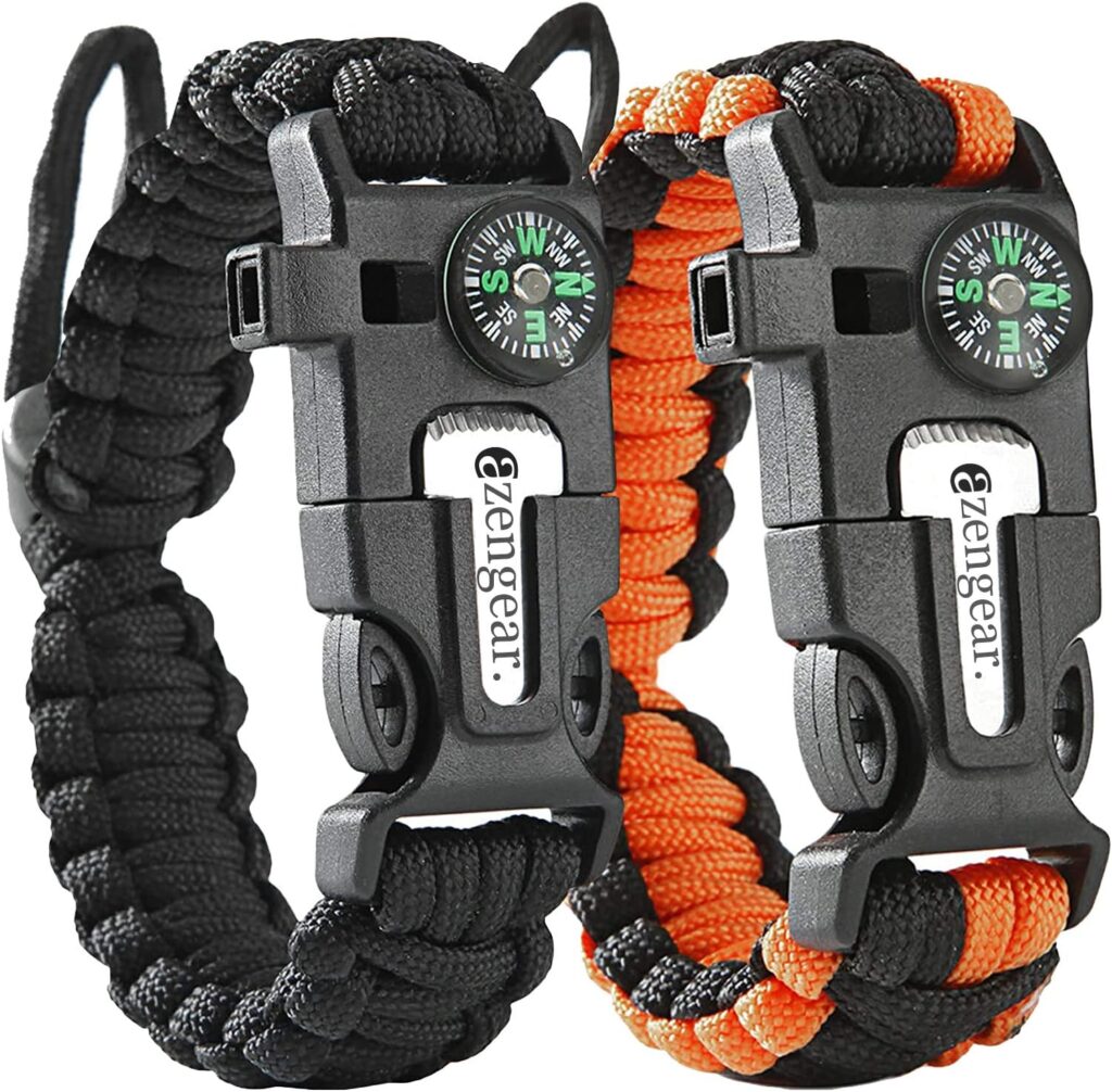 aZengear Paracord Survival Bracelet (2 Pack) | Flint Steel Fire Starter, Compass, Whistle,Hiking Accessories, Wild Camping Equipment Kit, Bushcraft, Emergency (Black and Orange)