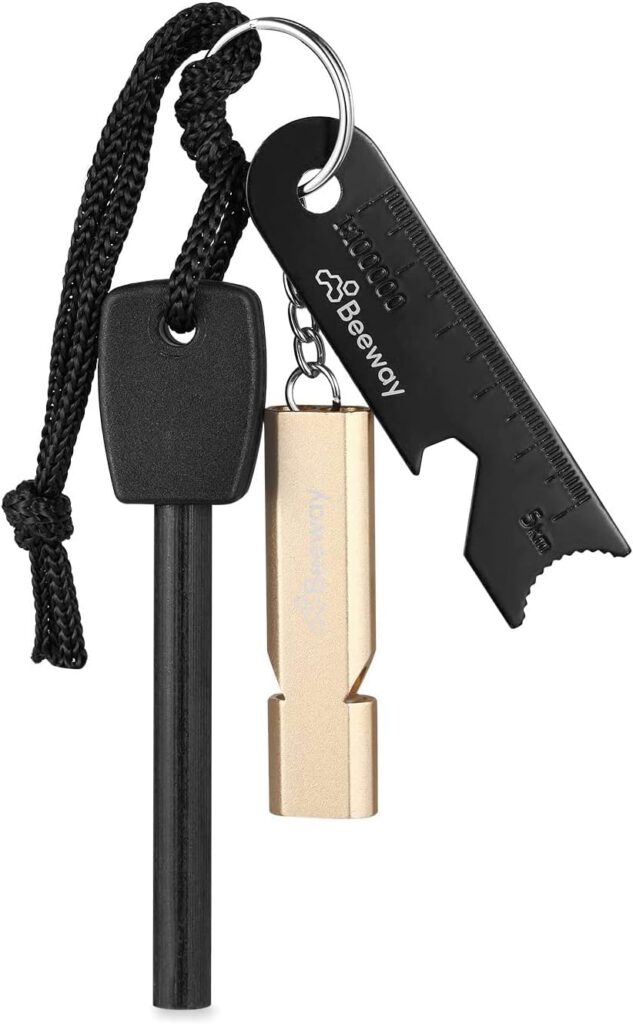 BEEWAY Survival Flint and Steel Fire Starter Kit - Magnesium Ferrocium Rod Firesteel with Scale Scraper and Emergency Whistle for Outdoor Travelling Camping Hiking