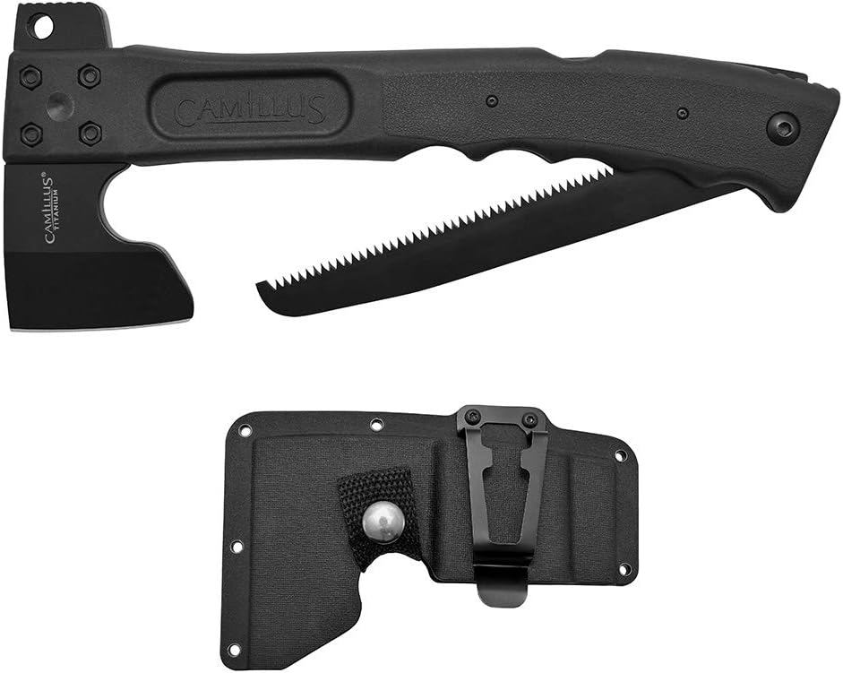 Camillus CAMTRAX 3-in-1 Hatchet, Saw and Hammer, with Molded Sheath, 2.75 / 7 cm Titanium Bonded 3Cr13 Blade, GFN Handle, Black, 12 / 30.5 cm