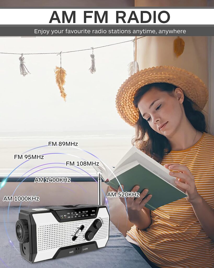 Emergency Wind Up Radio Solar Crank AM/FM Weather Radio with Portable 2000mAh Power Bank, Bright Flashlight and Reading Lamp for Household Emergency and Outdoor Survival(White)