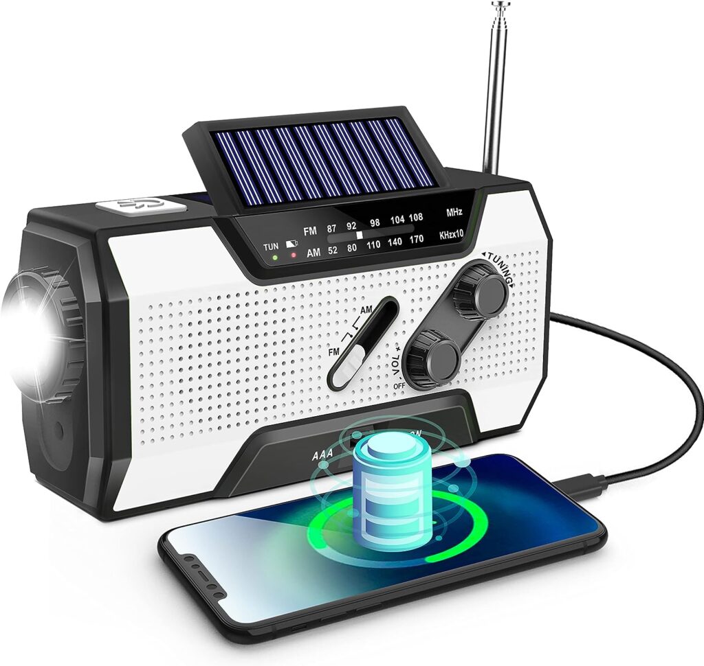 Emergency Wind Up Radio Solar Crank AM/FM Weather Radio with Portable 2000mAh Power Bank, Bright Flashlight and Reading Lamp for Household Emergency and Outdoor Survival(White)