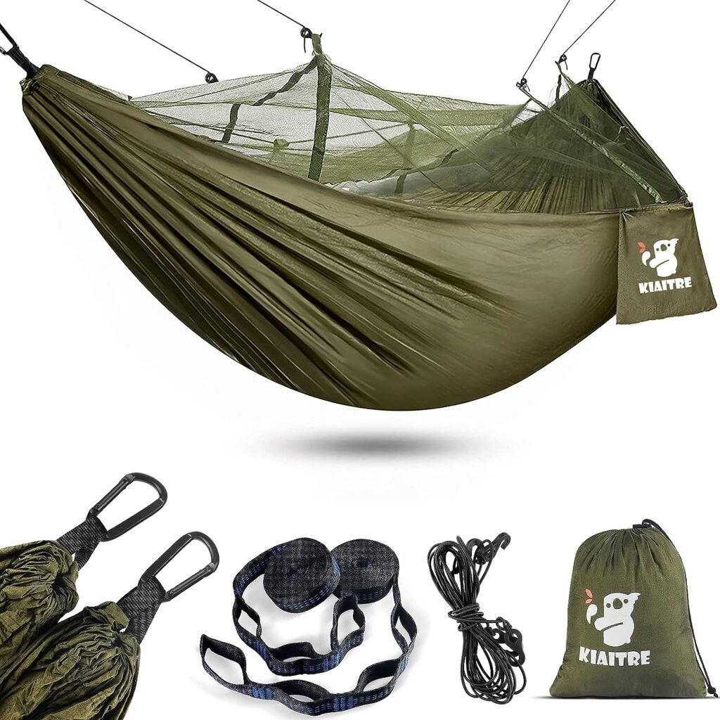 Kiaitre Camping Hammock with Mosquito Net - 210T Quick-drying Parachute Nylon Lightweight Portable Travel Hammock for Outdoor, Backpacking, Camping, Hiking and Beach Adventure