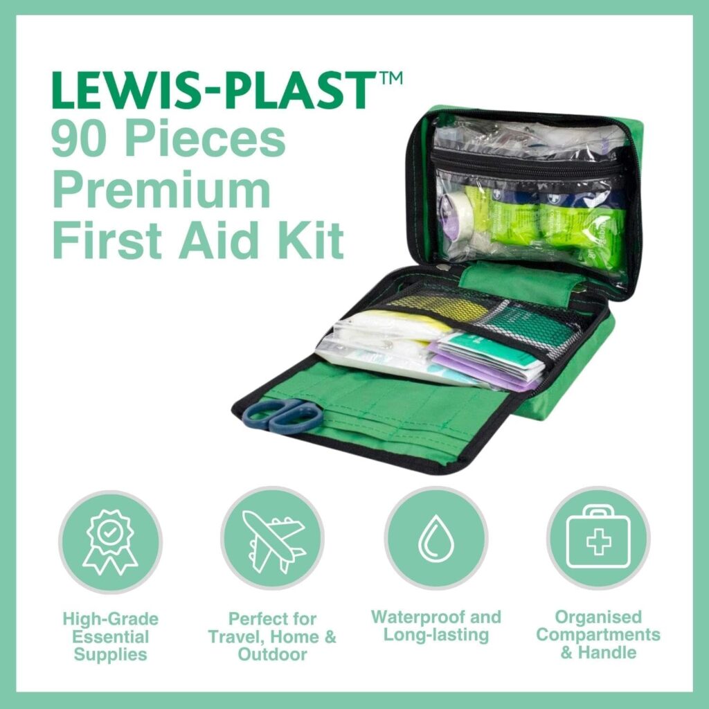 LEWIS-PLAST Premium First Aid Kit For Home Car Holiday And Workplace - Includes Bandages, Eye Pods, Ice Packs And Essentials For Everyday Situations, 90 Count (Pack of 1)