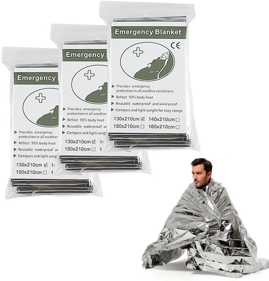 MIXIAO Emergency Thermal Blankets, Survival Reflective Thermal First Aid Foil Blanket (Silver,3 Pack)