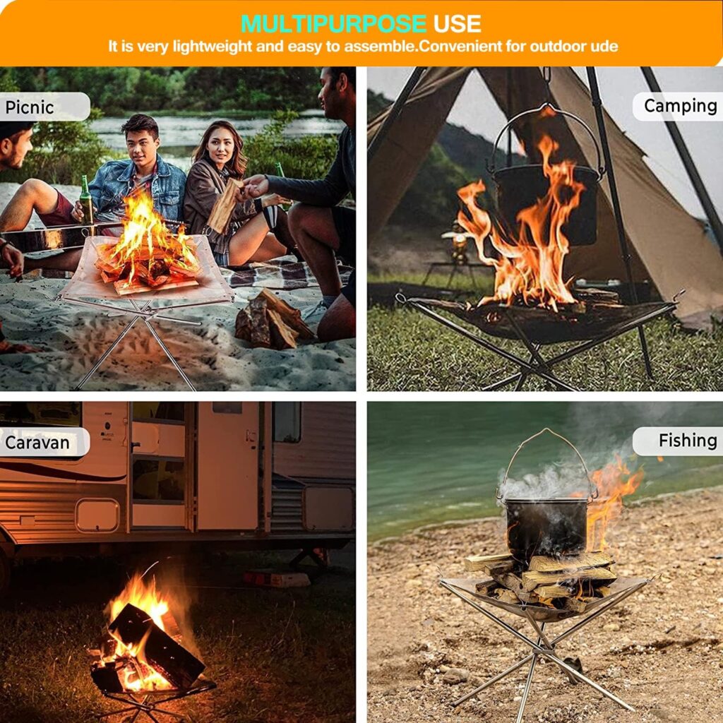 Nestling Portable Foldable Outdoor Camping Fire Pit, 304 Stainless Steel Mesh Fireplace Picnic Campfire Fire Pit Wood Burning with Carry Bag for Patio, Camping Backyard (M(16.5 x 16.5 x 13.4″))