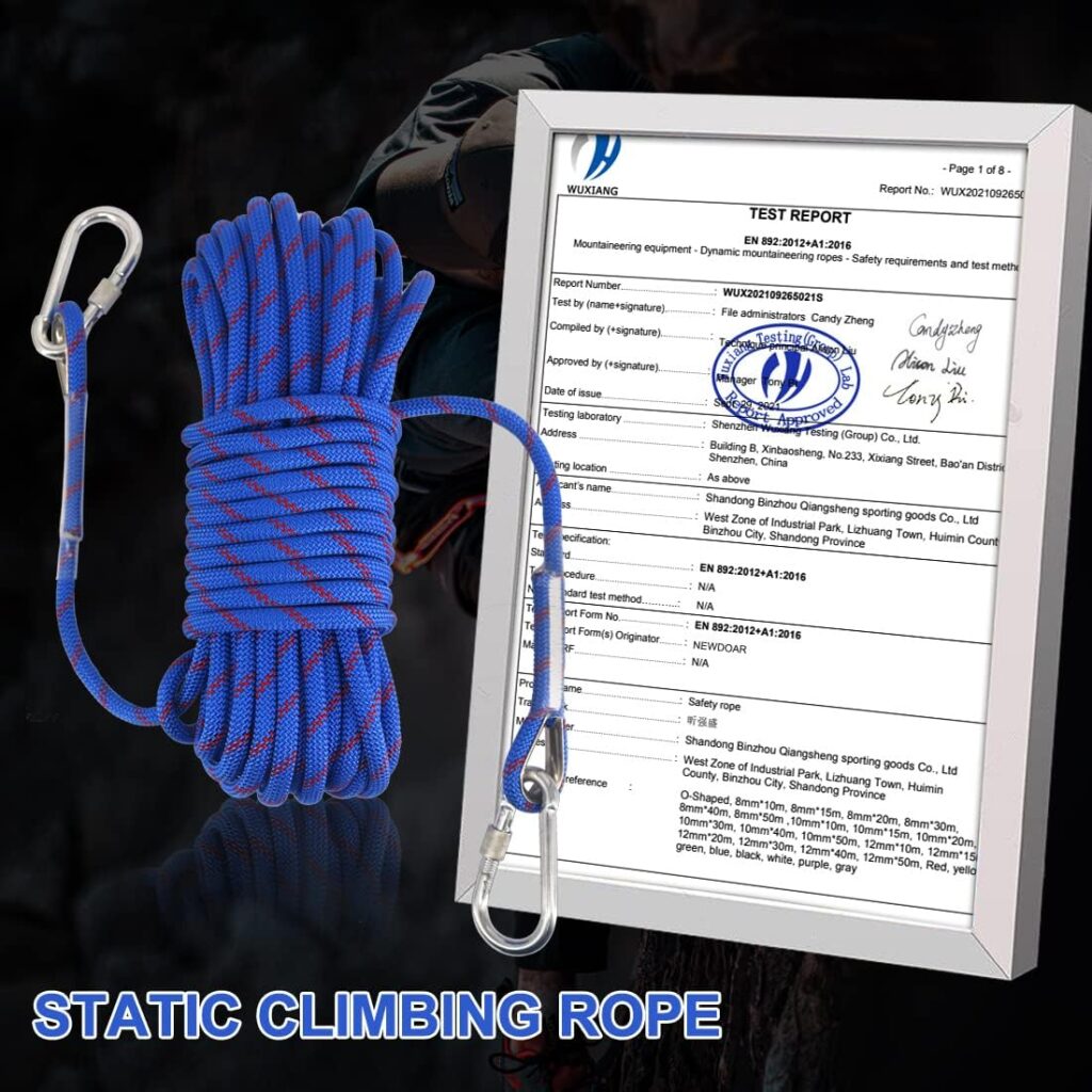 NewDoar 12KN/23KN Static Climbing Rope 10mm(3/8in) Accessory Cord Equipment 33FT(10M) 66FT(20M) 98FT(30M) 165FT(50M) Escape Rope Ice Climbing Equipment Fire Rescue Rope Safety Rope