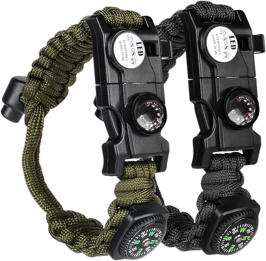 Paracord Survival Bracelet, 2 Pack Survival Kit Firestarter Bracelets, 8 in 1 Multifunctional Paracord with Flint Steel Fire Starter, 100dB Whistle, Compass - Wild Camping Equipment Kit for Emergency