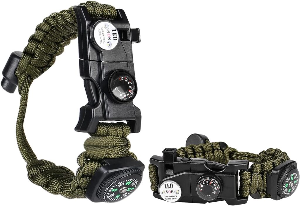Paracord Survival Bracelet, 2 Pack Survival Kit Firestarter Bracelets, 8 in 1 Multifunctional Paracord with Flint Steel Fire Starter, 100dB Whistle, Compass - Wild Camping Equipment Kit for Emergency