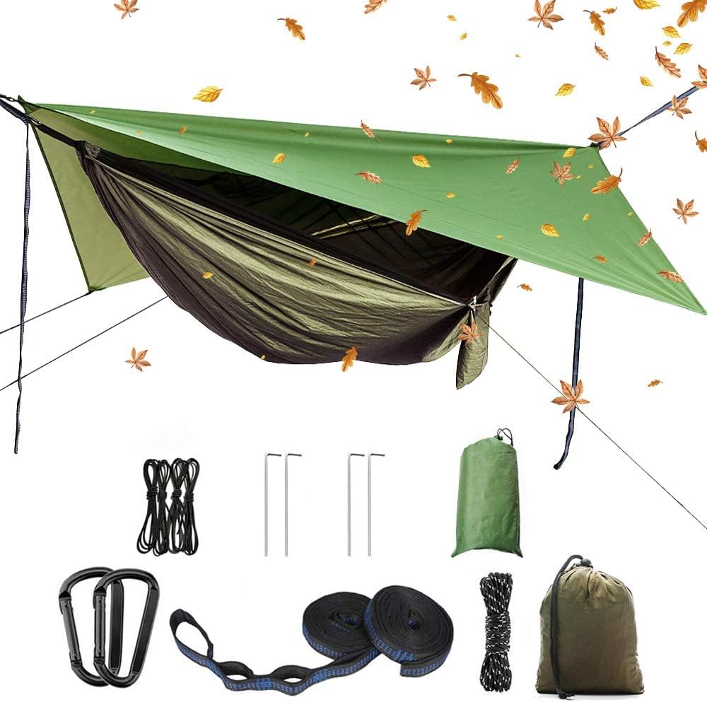 Portable Camping Hammock Set,Single Double Hammock,Mosquito net,rain Shade Tent,high Strength Parachute Fabric Hanging Bed. Suitable for Outdoor,Hiking,Camping, Travel Army Green