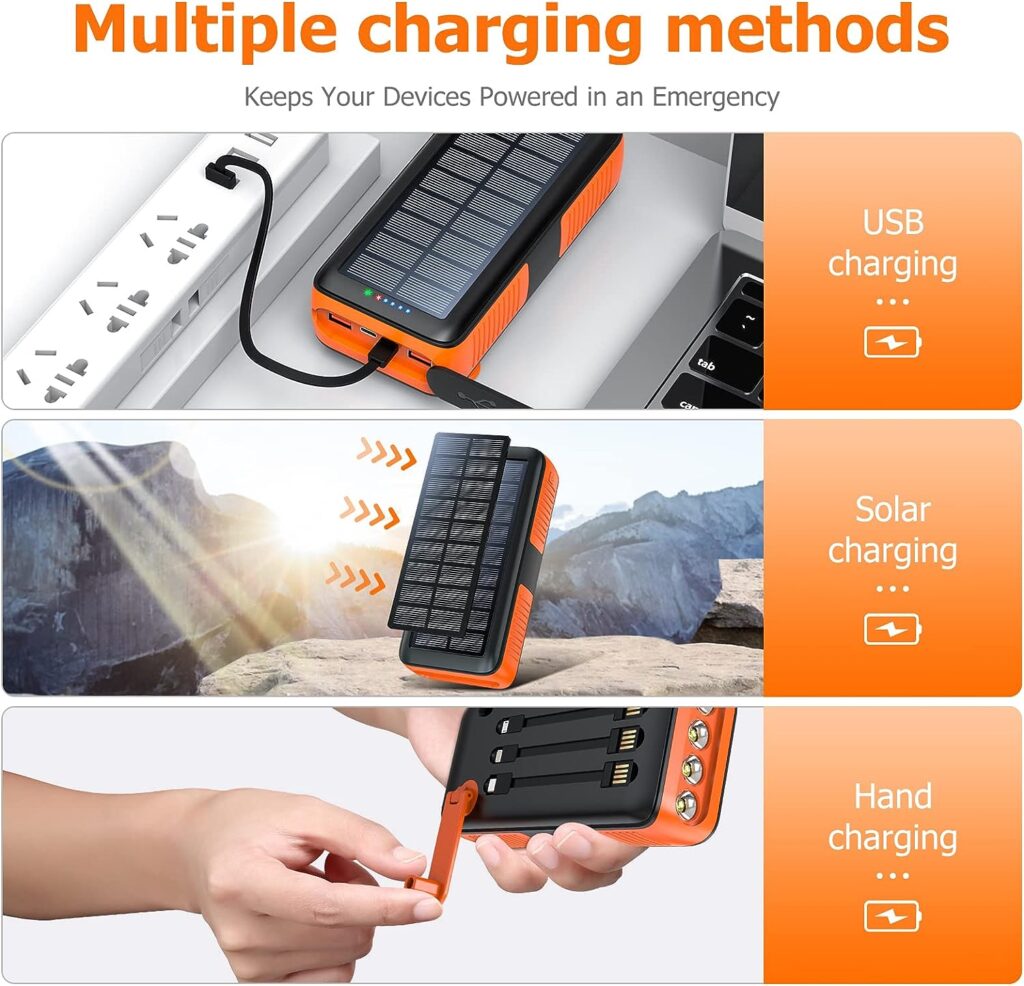 Power Bank with Built in Cable Solar Power Bank Hand Crank Battery 30000mAh Dual USB Outputs 4- LEDs Flashlight for Camping Outdoor