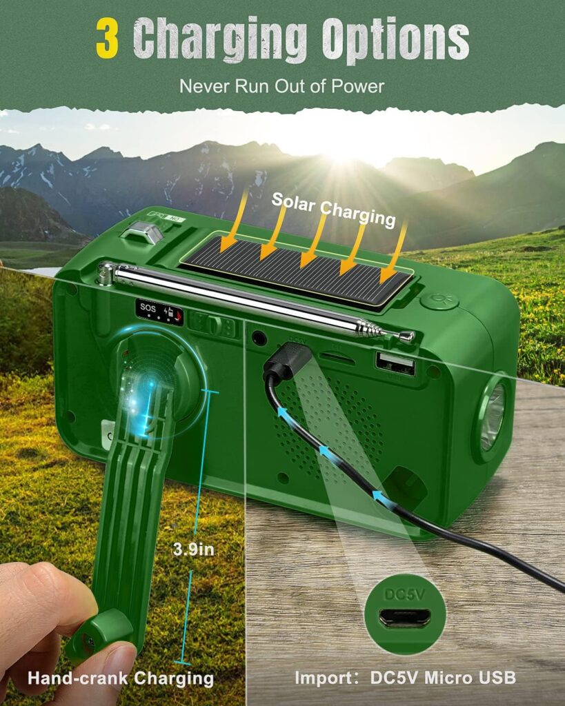 PRUNUS J-905 Wind Up Radio, Survival Equipment, AM FM SW Portable Radio with 3600 mAh Rechargeable Battery, Reading Light, SOS Alarm, Solar Radio for Camping, Travel and Emergencies (Green)
