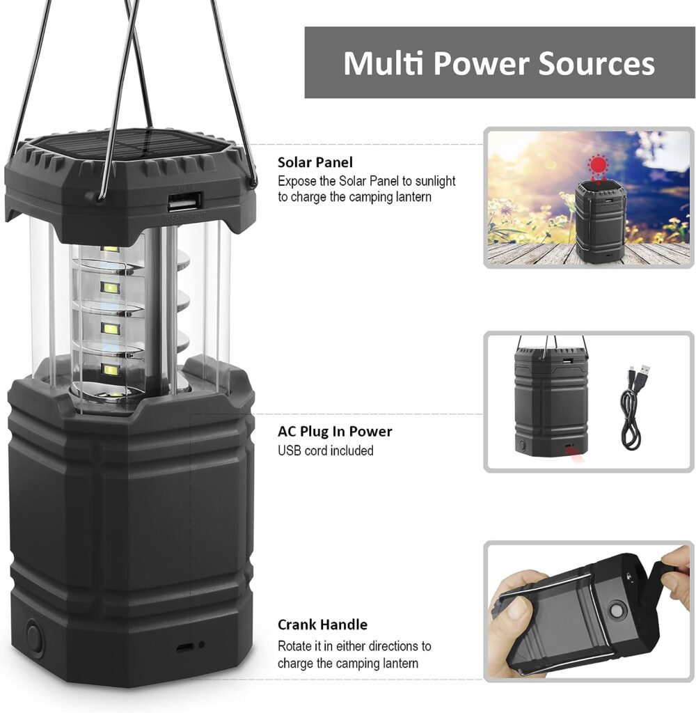 Rechargeable Camping Lights, LED Solar Camping Wind up Lantern, Hand Crank Emergency Light with 3000mAh Battery for Camping, Hiking, Fishing, SOS, Outdoor, Power Cuts-Black