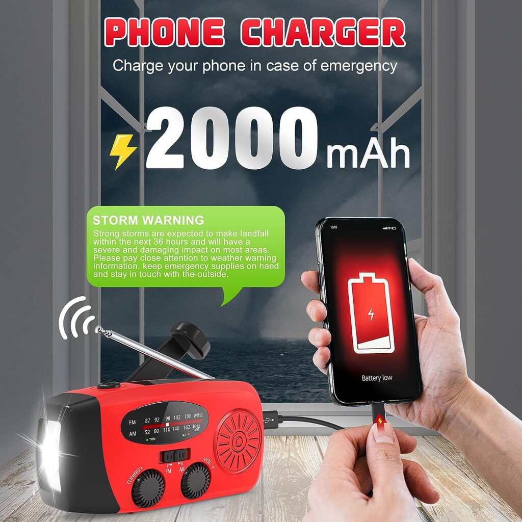 Wind Up Solar Radio,Emergency Hand Crank Radio Dynamo Radio with Rechargeable USB Phone Charger,Flashlight Torch by RunningSnail | Emergency Use for Camping,Hiking (MD-088) (Red)